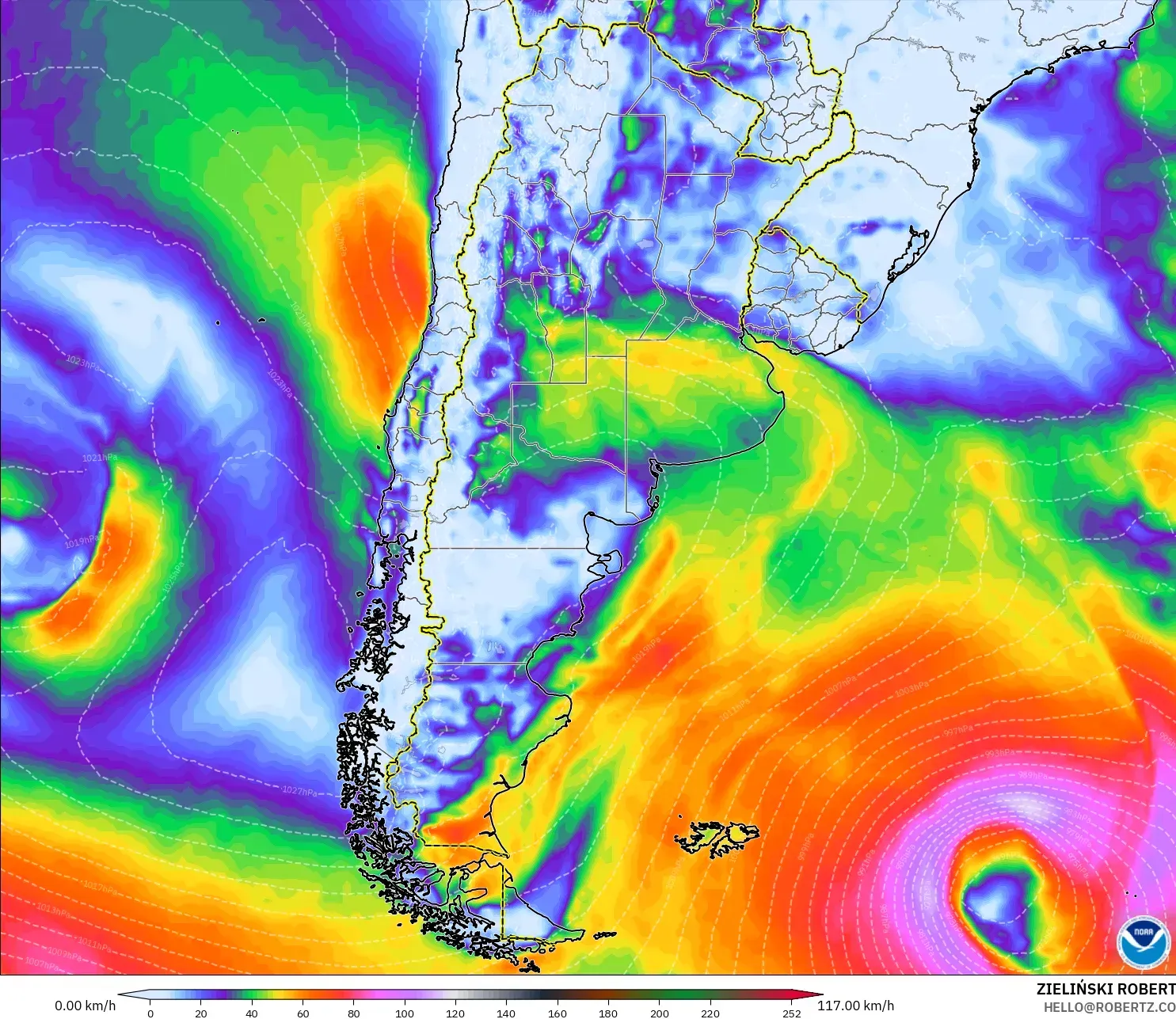 GFS モデル - アルゼンチン, 突風（最大）