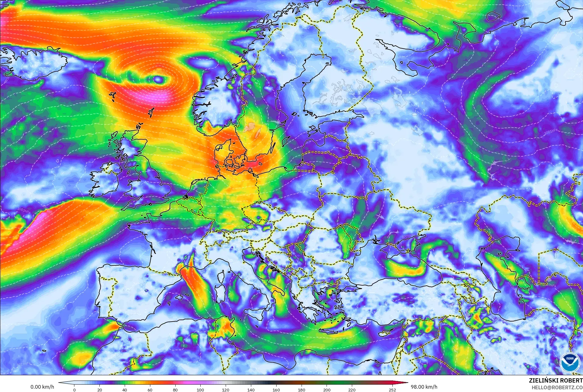 GFS モデル - ヨーロッパ, 突風（最大）