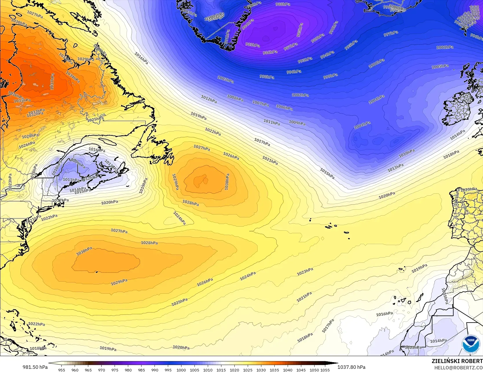 GFS モデル - 北大西洋, 気圧