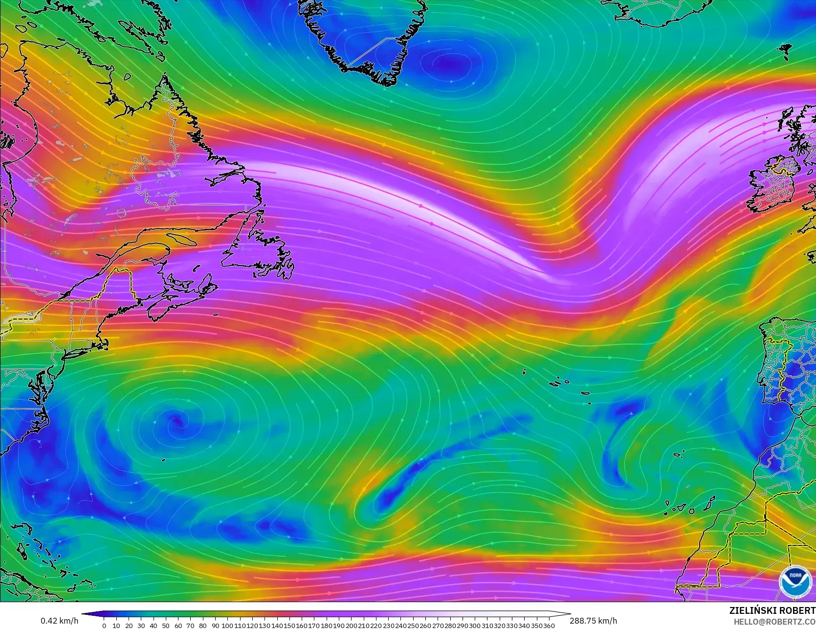 GFS モデル - 北大西洋, 風速（300hPa）
