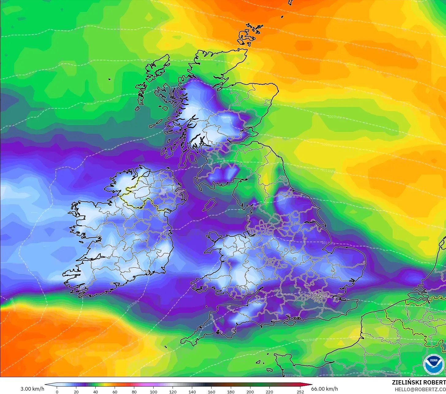 GFS モデル - イギリス, 突風（最大）