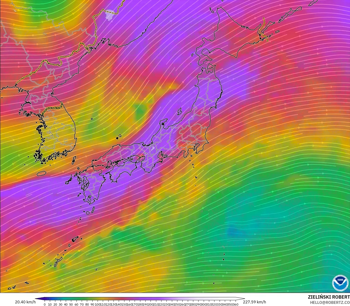GFS モデル - 日本, 風速（300hPa）