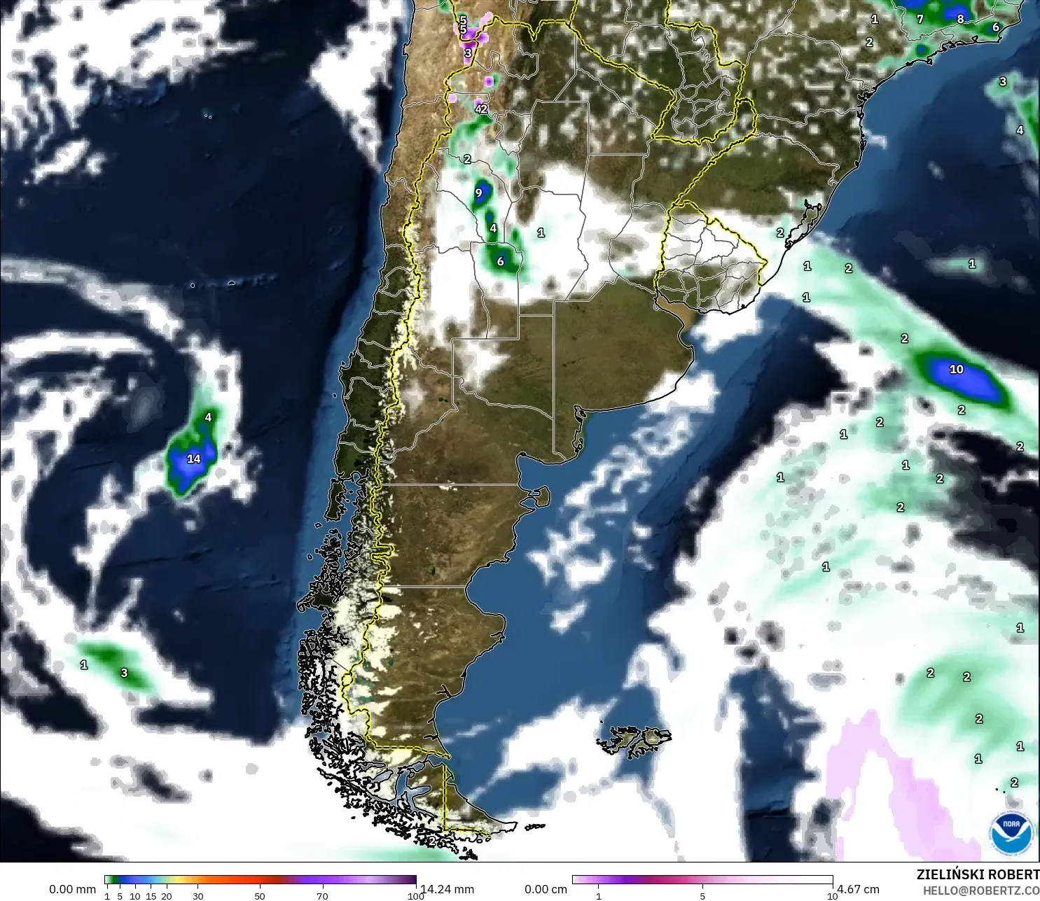 GFS モデル - アルゼンチン, 降水量、雲、気圧