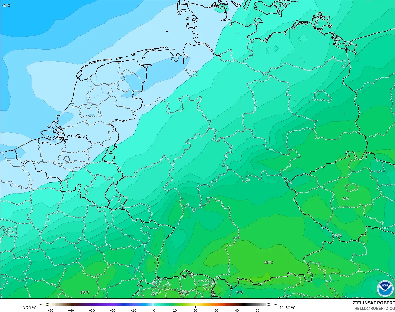 GFS モデル - ドイツ, 気温（850hPa）