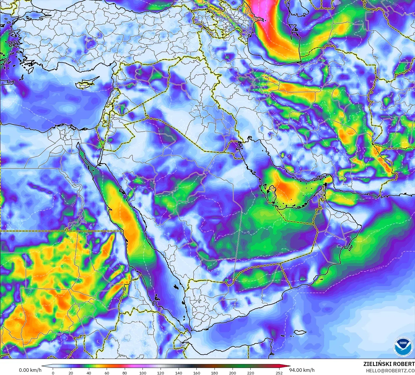 GFS モデル - 中東, 突風（最大）