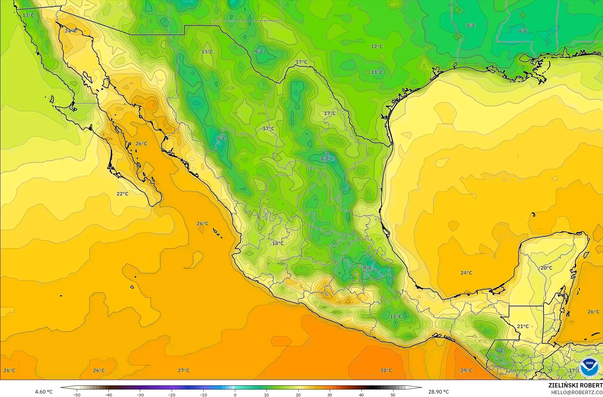 GFS モデル - メキシコ, 気温（2m）