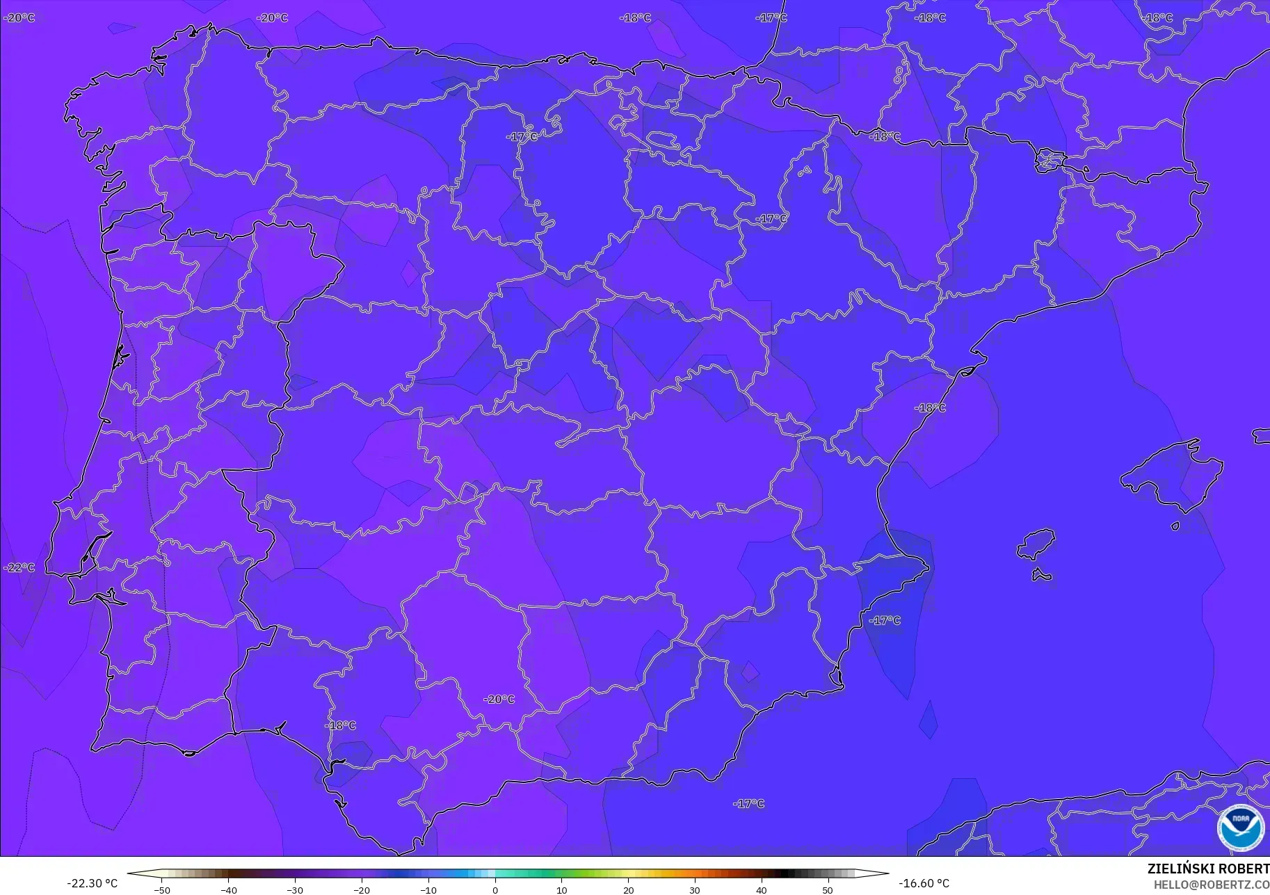 GFS モデル - スペイン, 気温（500hPa）