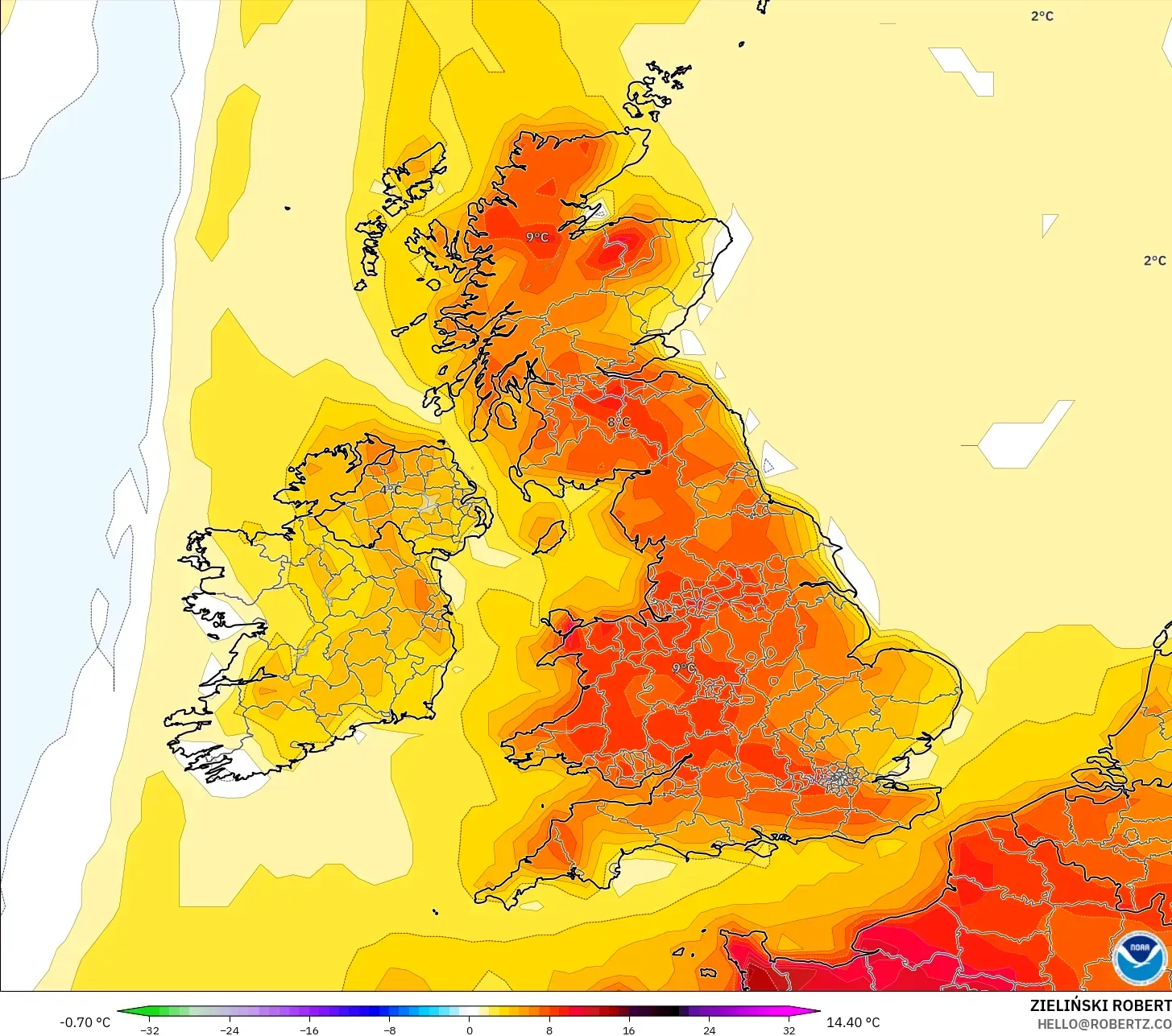 GFS モデル - イギリス, 気温異常（2m）