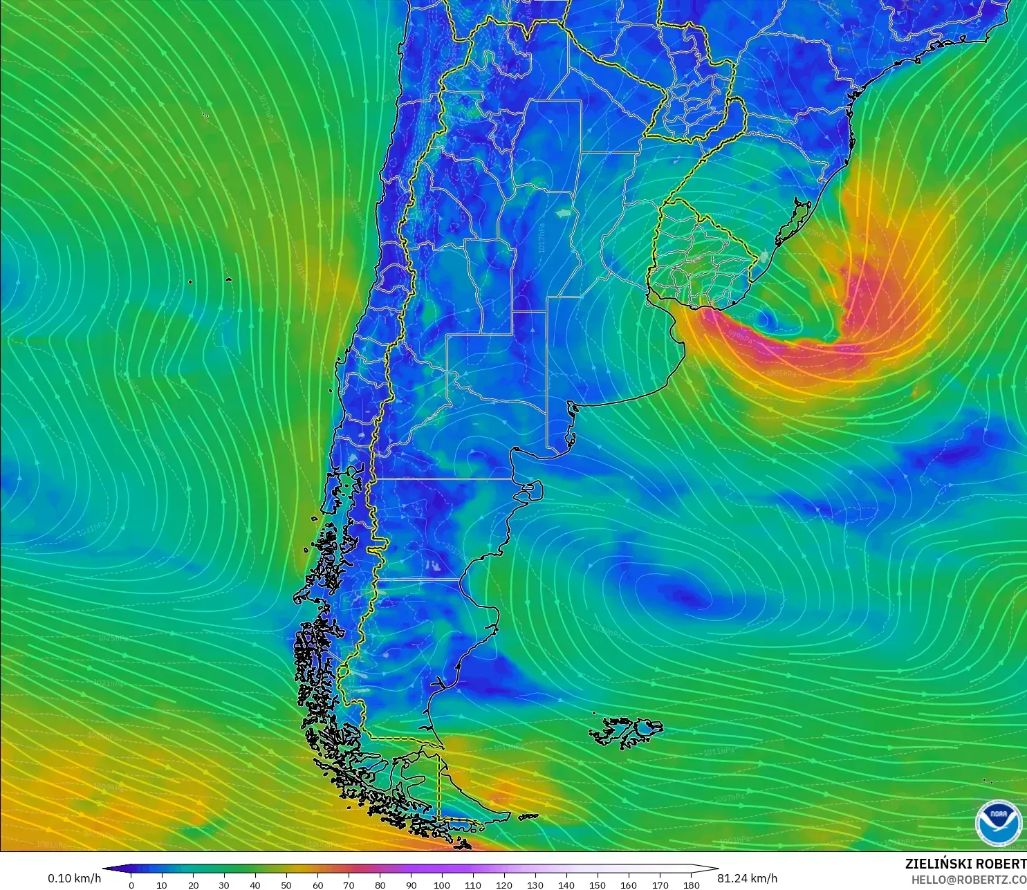 GFS モデル - アルゼンチン, 風速（10m）