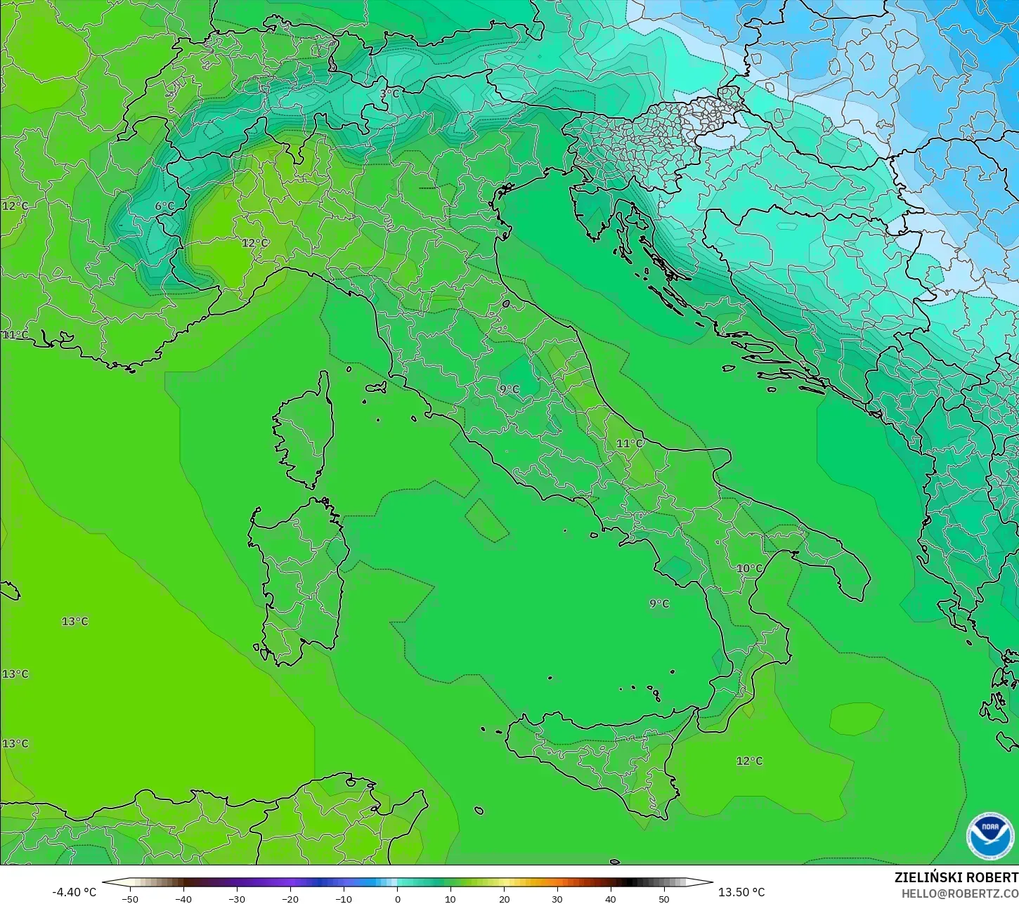 GFS モデル - イタリア, 気温（850hPa）