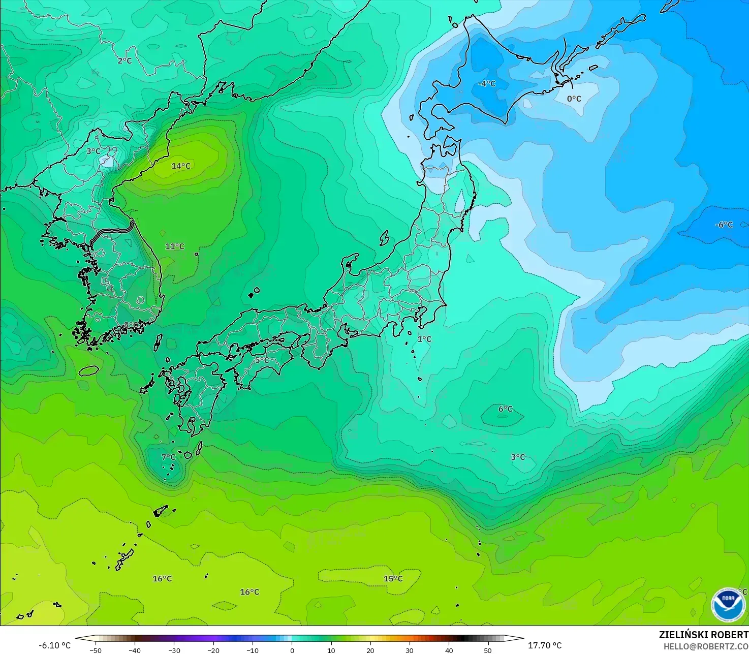GFS モデル - 日本, 気温（850hPa）