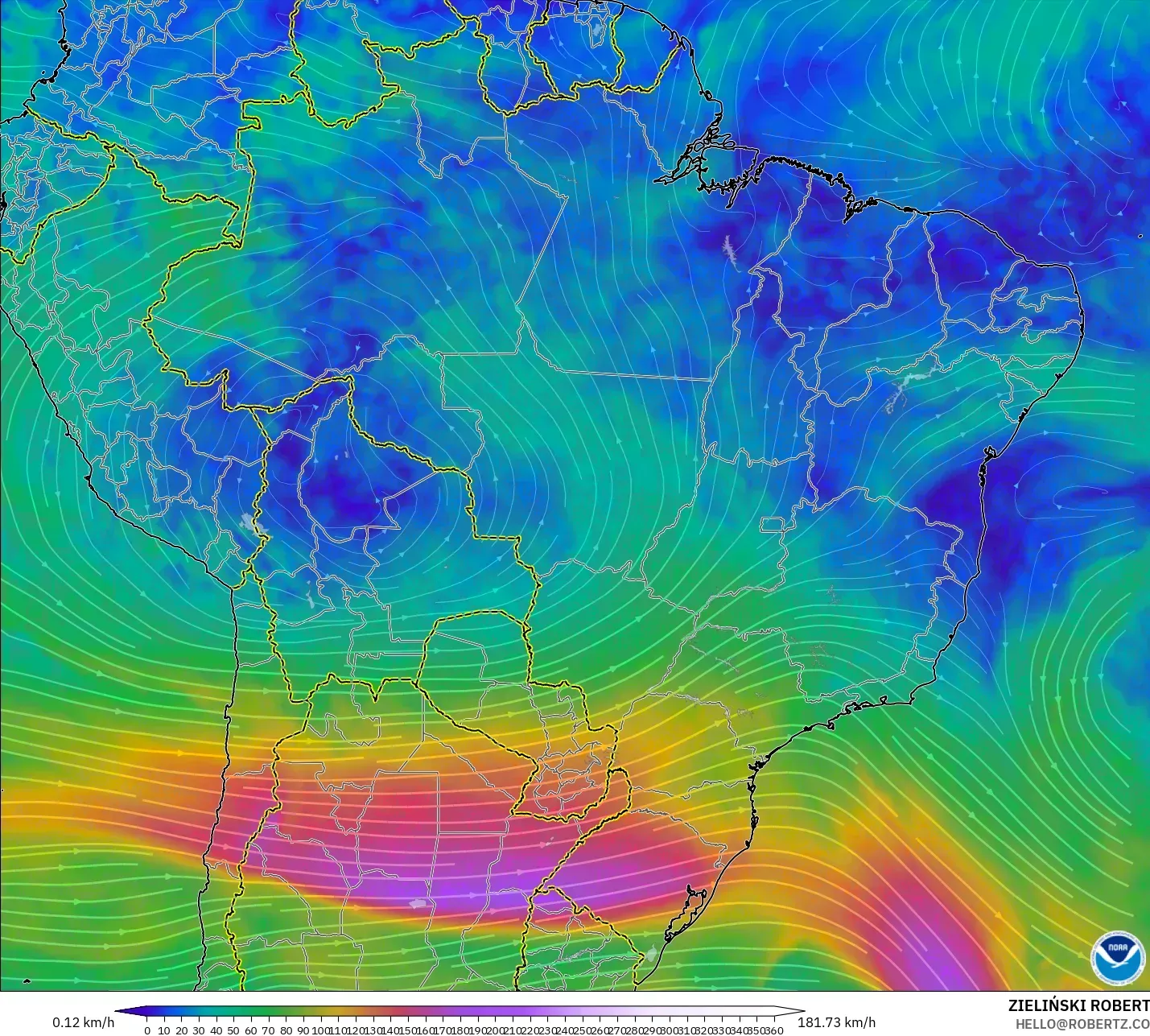 GFS モデル - ブラジル, 風速（300hPa）