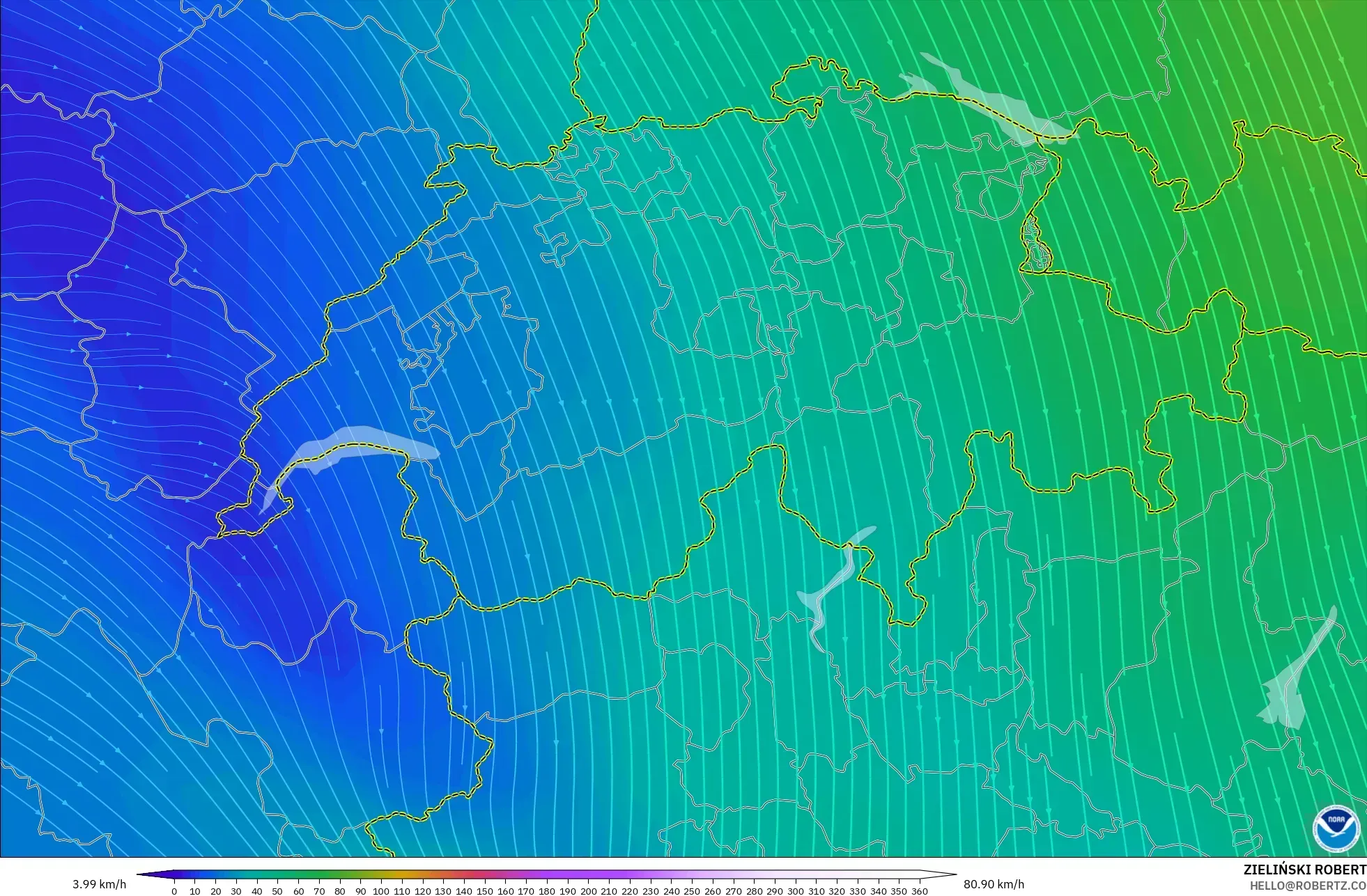 GFS モデル - スイス, 風速（300hPa）