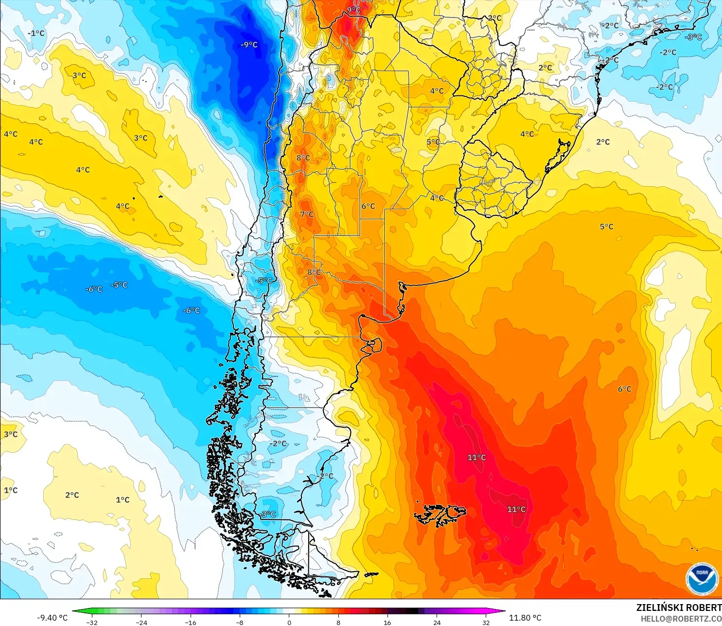 GFS モデル - アルゼンチン, 気温異常（850hPa）