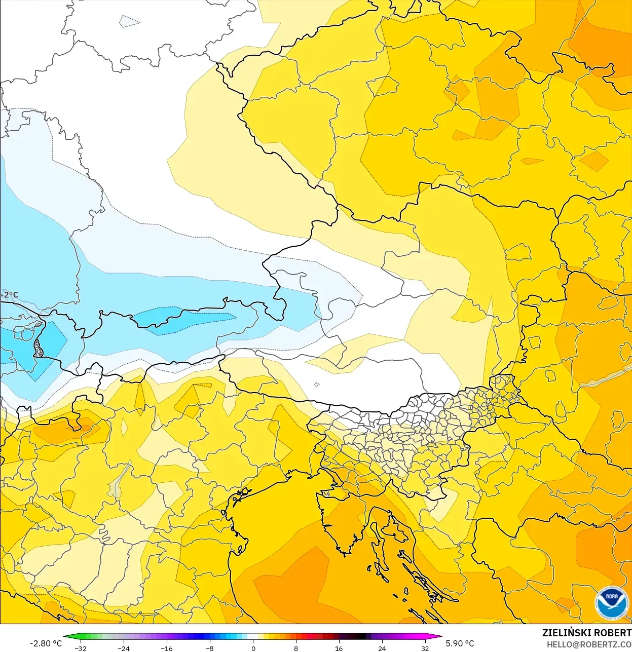 GFS モデル - オーストリア, 気温異常（850hPa）