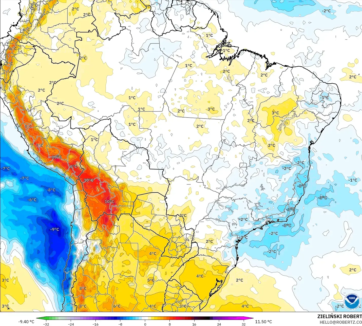 GFS モデル - ブラジル, 気温異常（850hPa）
