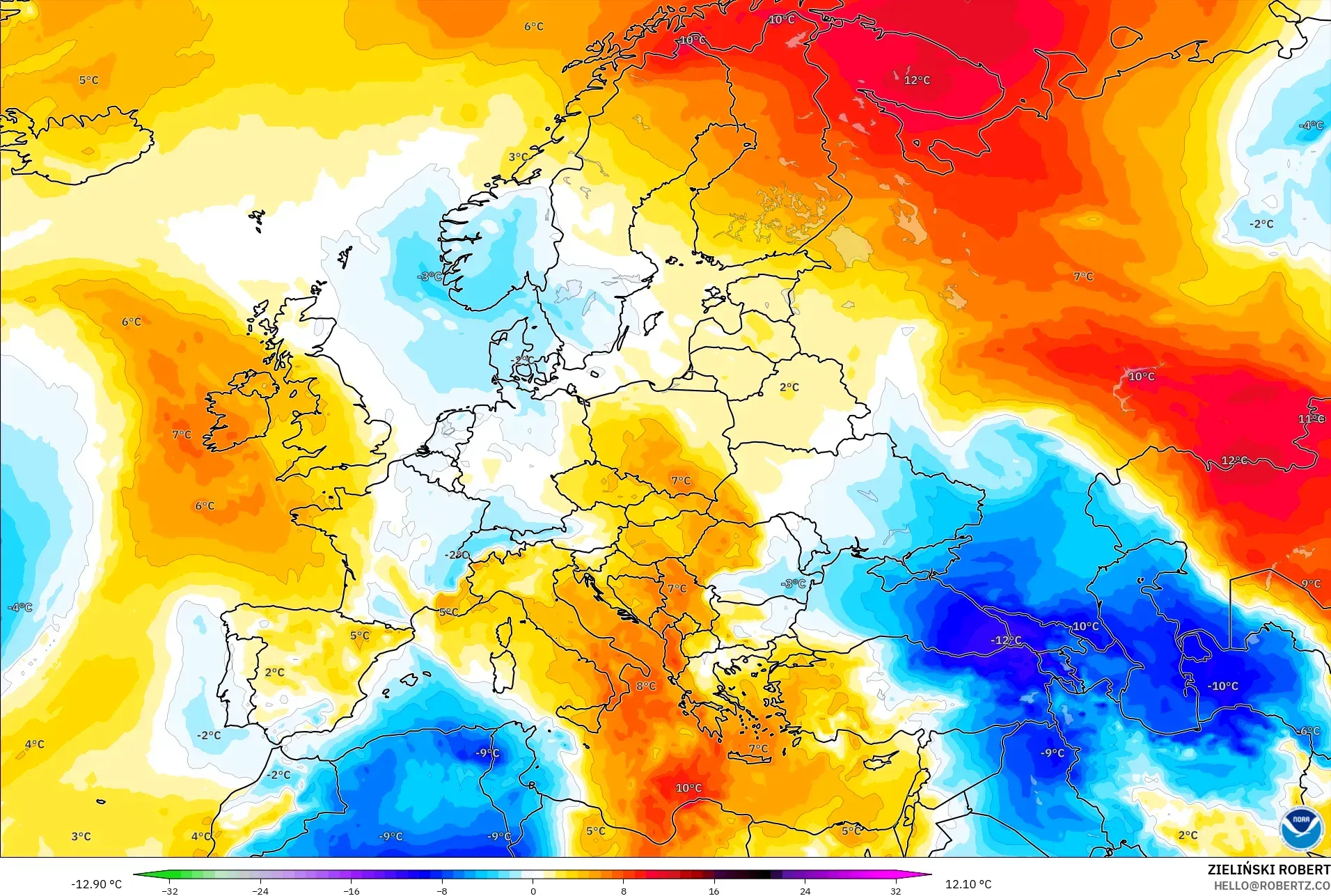 GFS モデル - ヨーロッパ, 気温異常（850hPa）