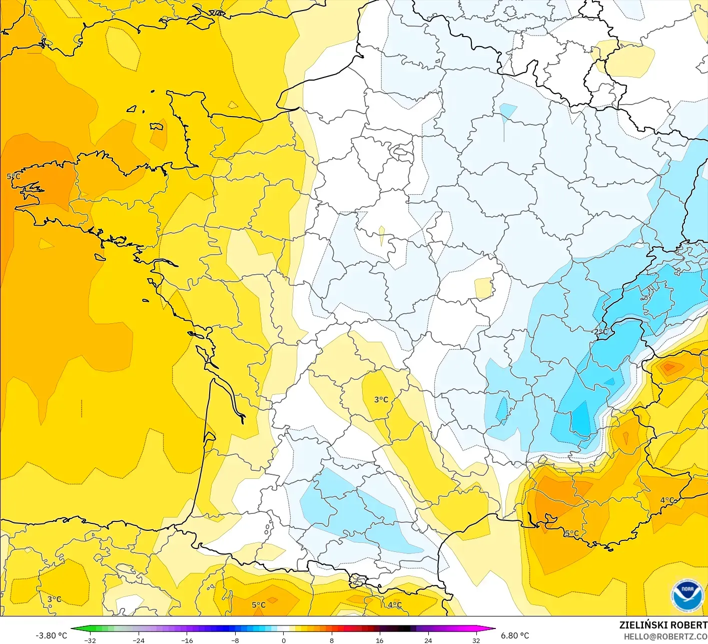 GFS モデル - フランス, 気温異常（850hPa）