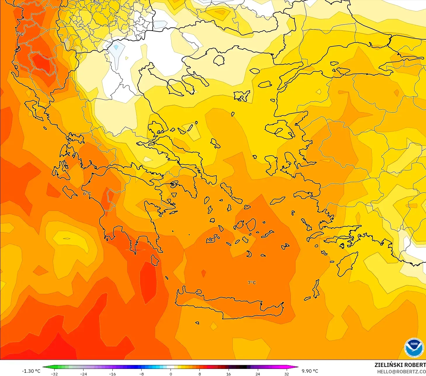 GFS モデル - ギリシャ, 気温異常（850hPa）