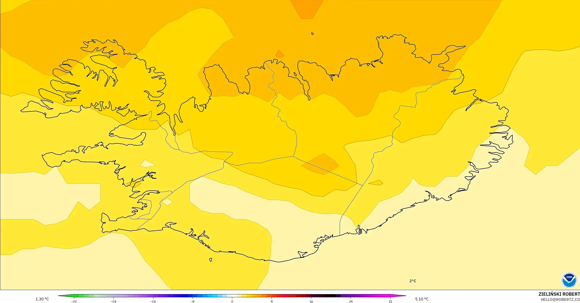 GFS モデル - アイスランド, 気温異常（850hPa）