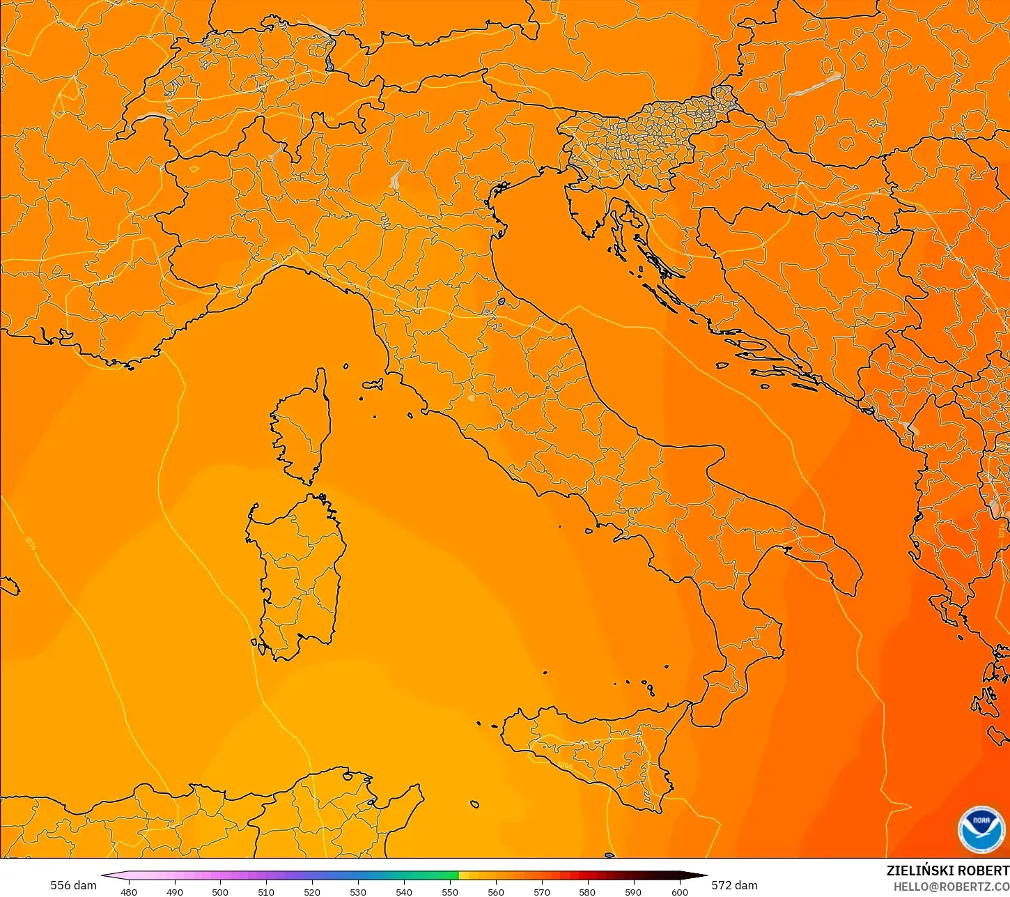 GFS モデル - イタリア, 500hPaのジオポテンシャル高度