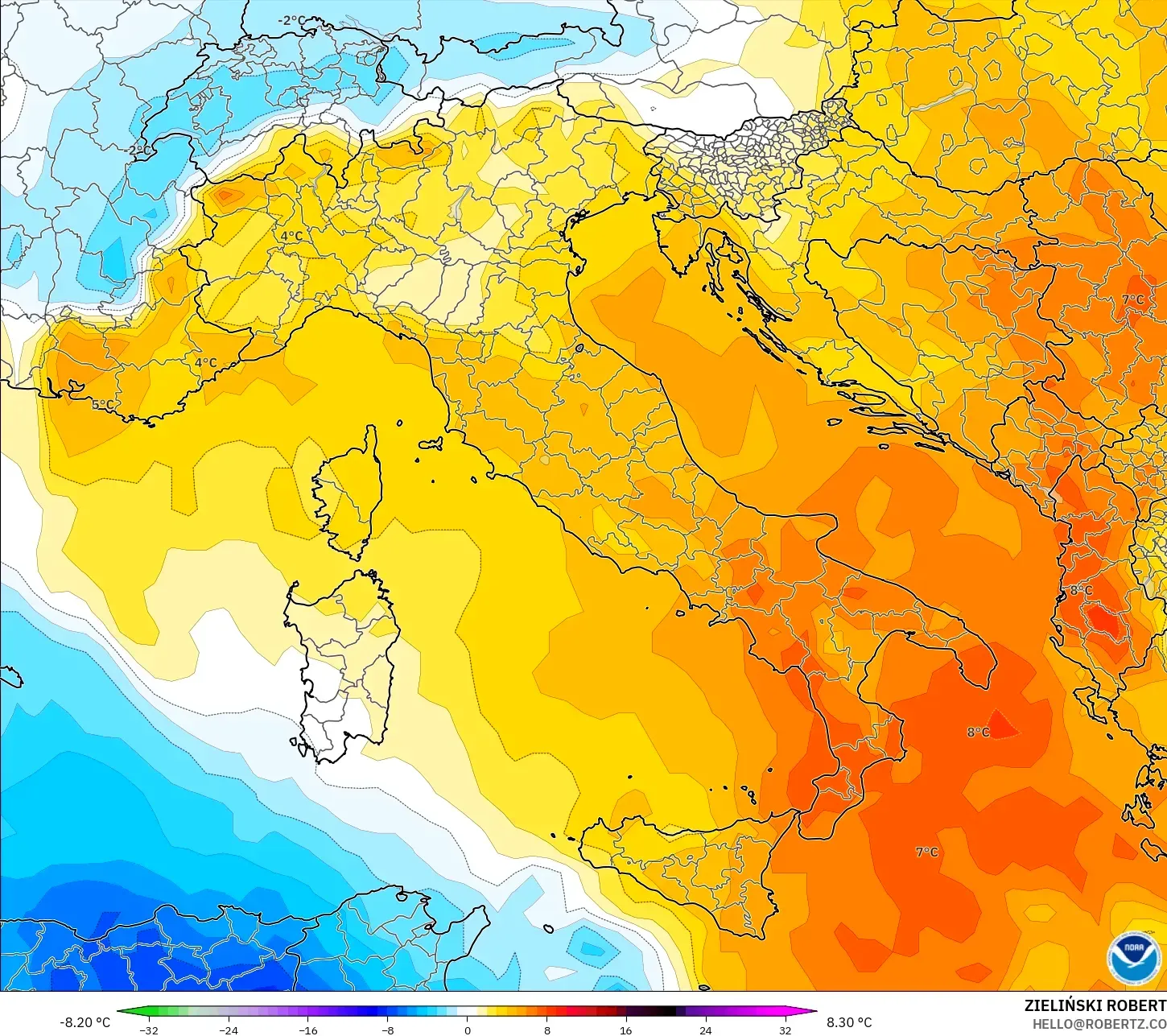 GFS モデル - イタリア, 気温異常（850hPa）