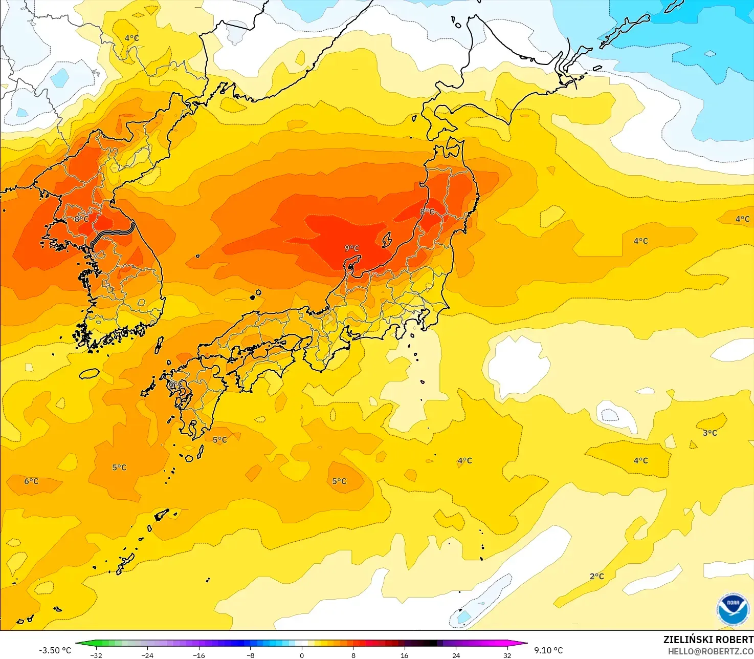 GFS モデル - 日本, 気温異常（850hPa）