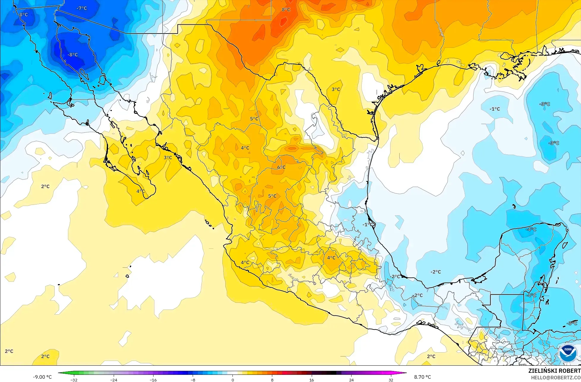 GFS モデル - メキシコ, 気温異常（850hPa）