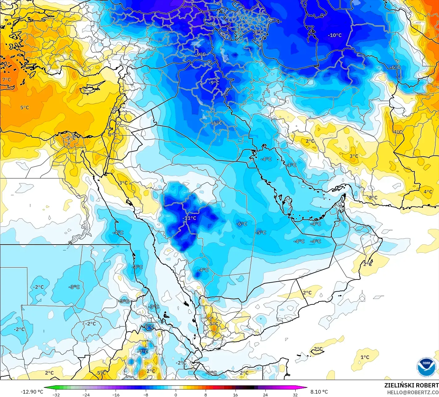 GFS モデル - 中東, 気温異常（850hPa）