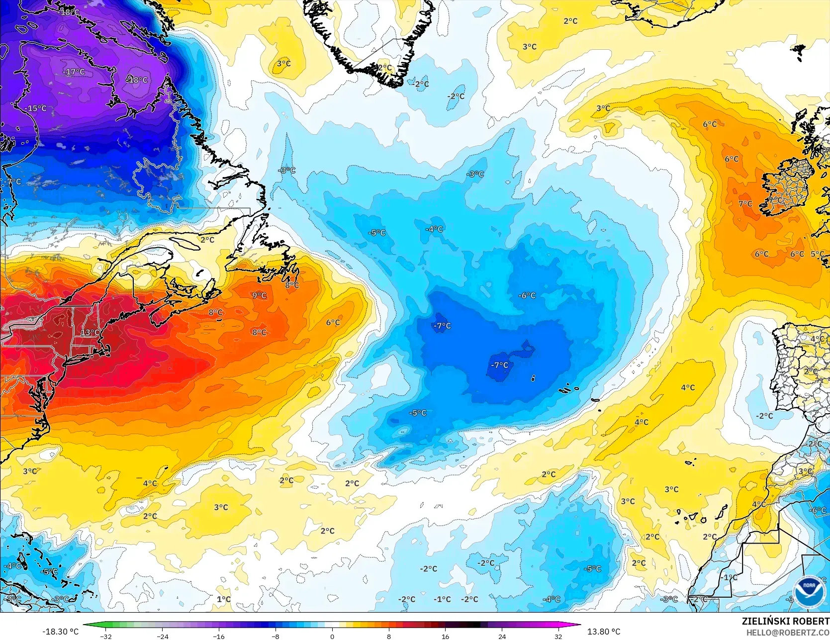 GFS モデル - 北大西洋, 気温異常（850hPa）