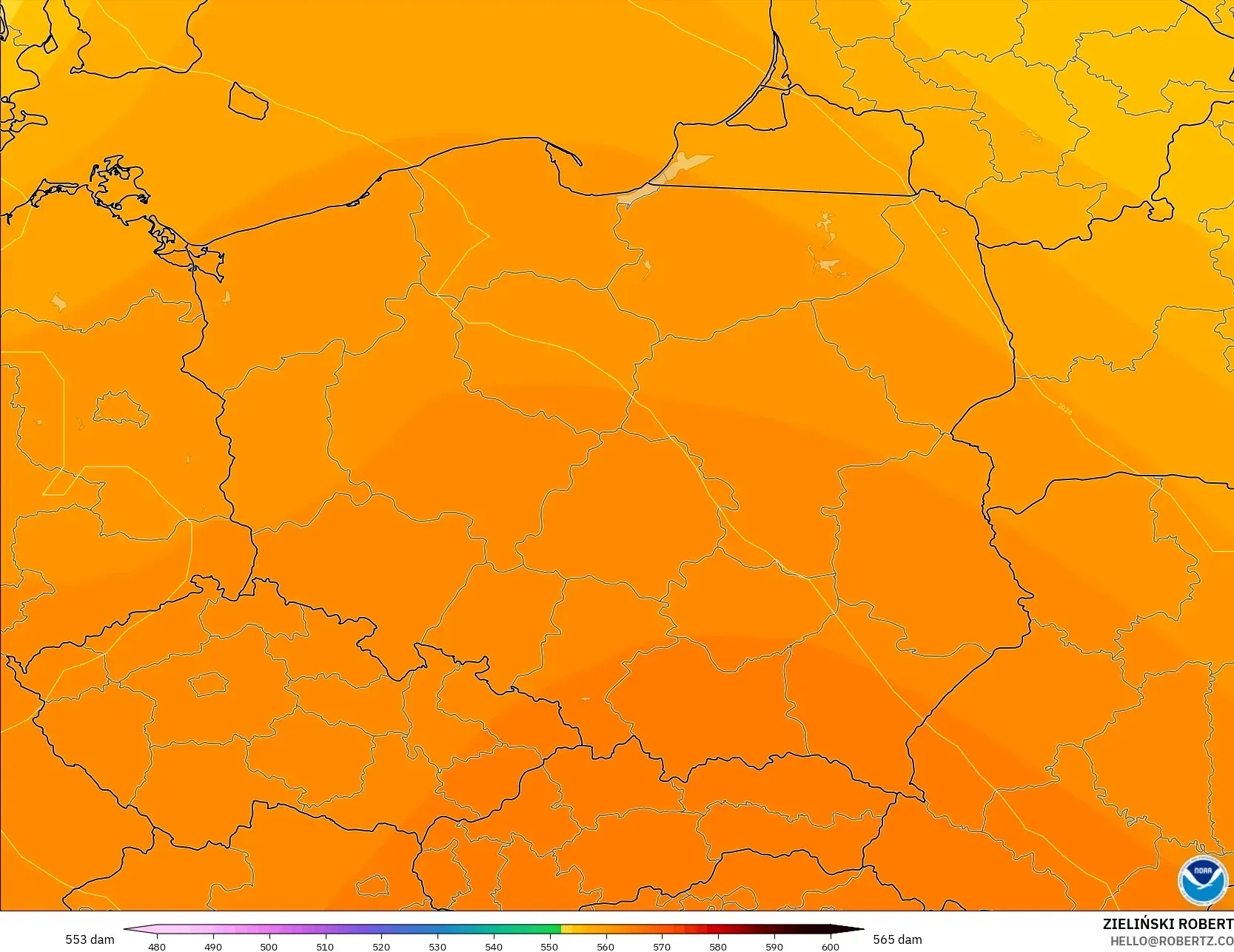 GFS モデル - ポーランド, 500hPaのジオポテンシャル高度
