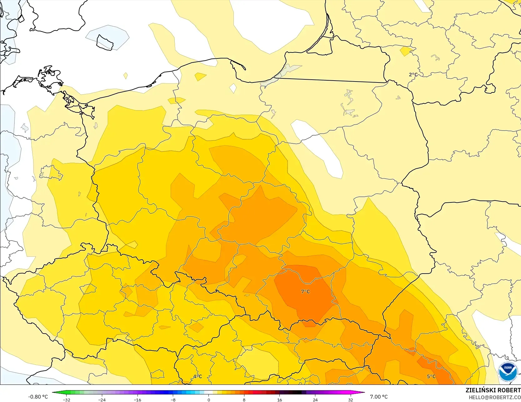 GFS モデル - ポーランド, 気温異常（850hPa）