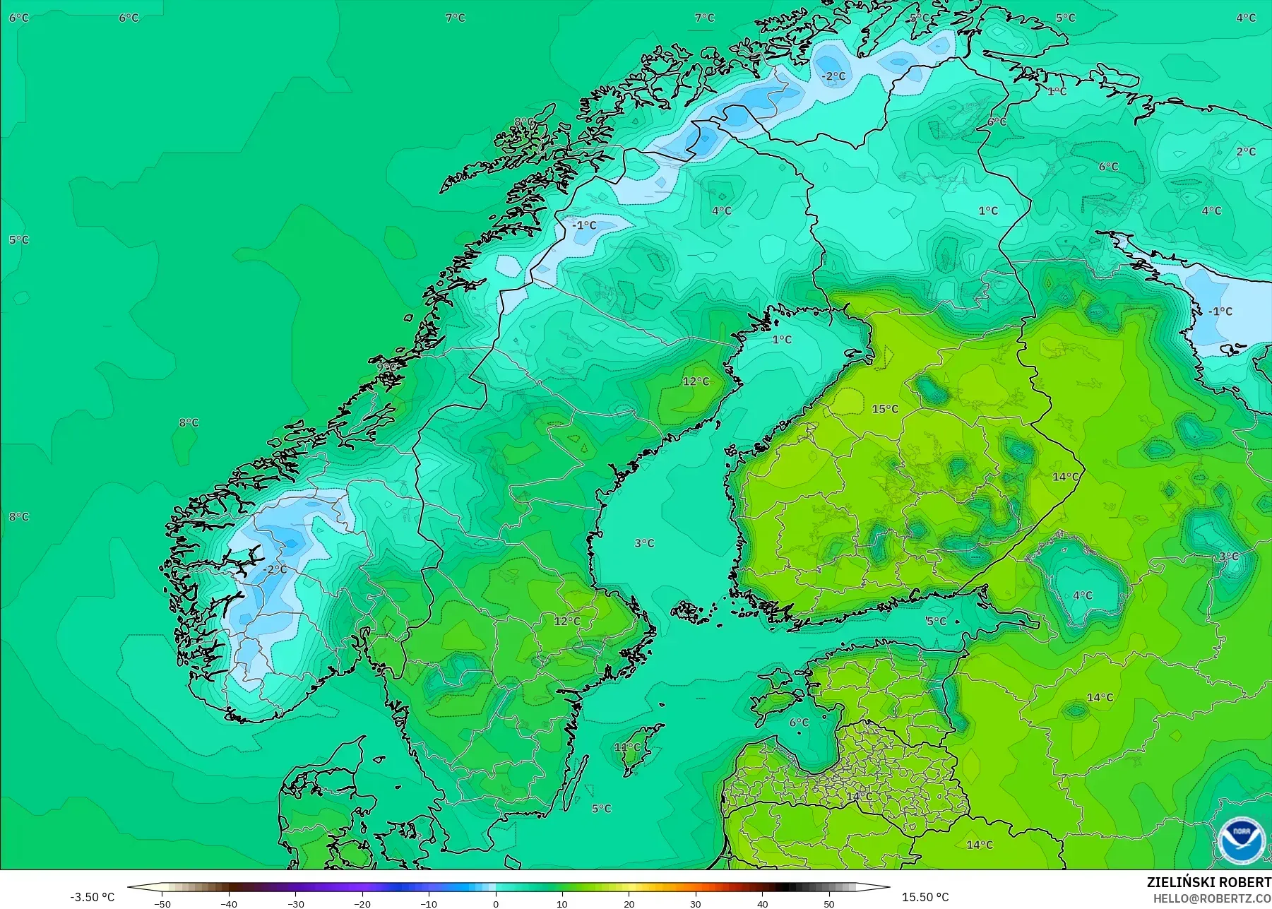GFS モデル - スカンジナビア, 気温（2m）