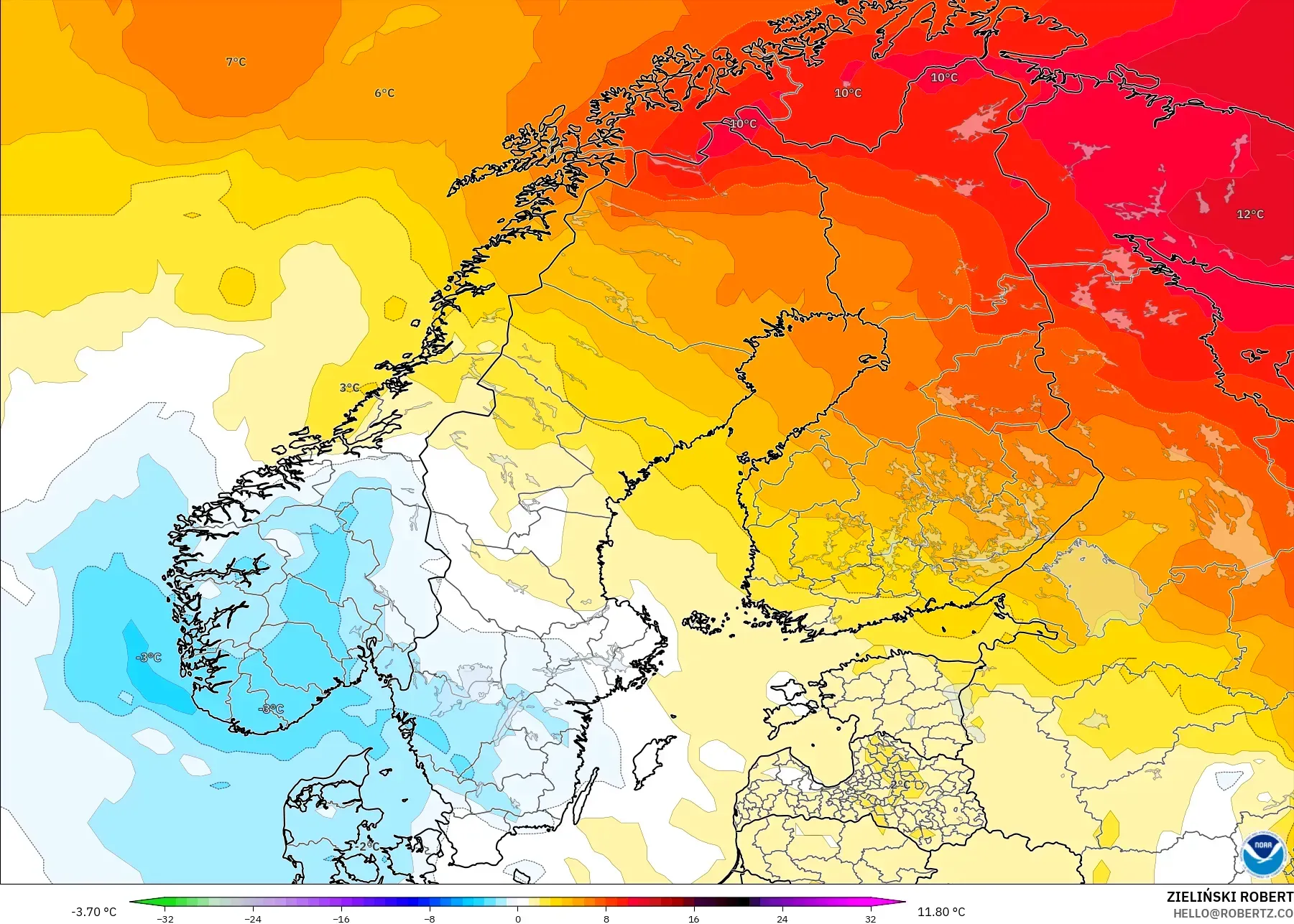 GFS モデル - スカンジナビア, 気温異常（850hPa）