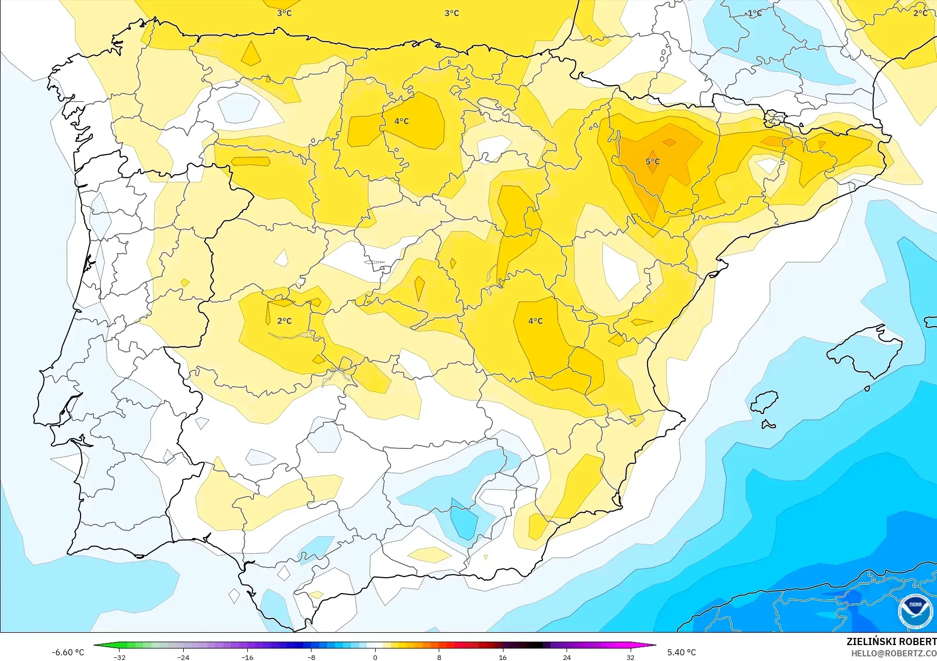 GFS モデル - スペイン, 気温異常（850hPa）