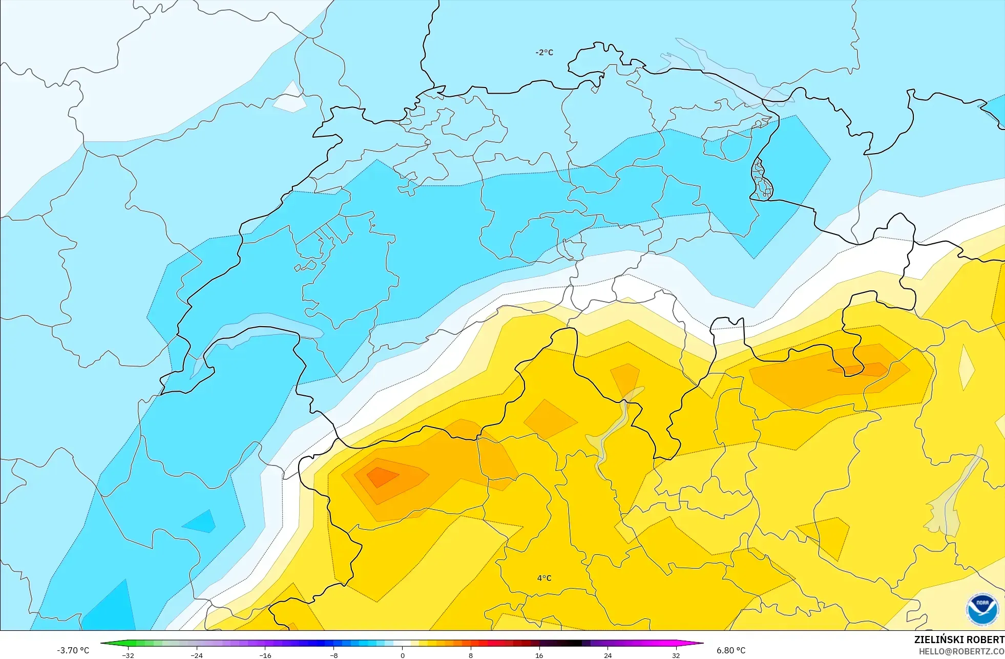GFS モデル - スイス, 気温異常（850hPa）