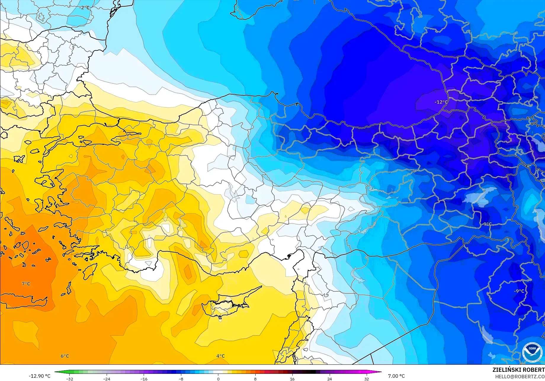 GFS モデル - トルコ, 気温異常（850hPa）
