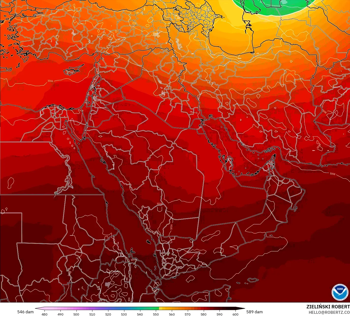 GFS モデル - 中東, 500hPaのジオポテンシャル高度