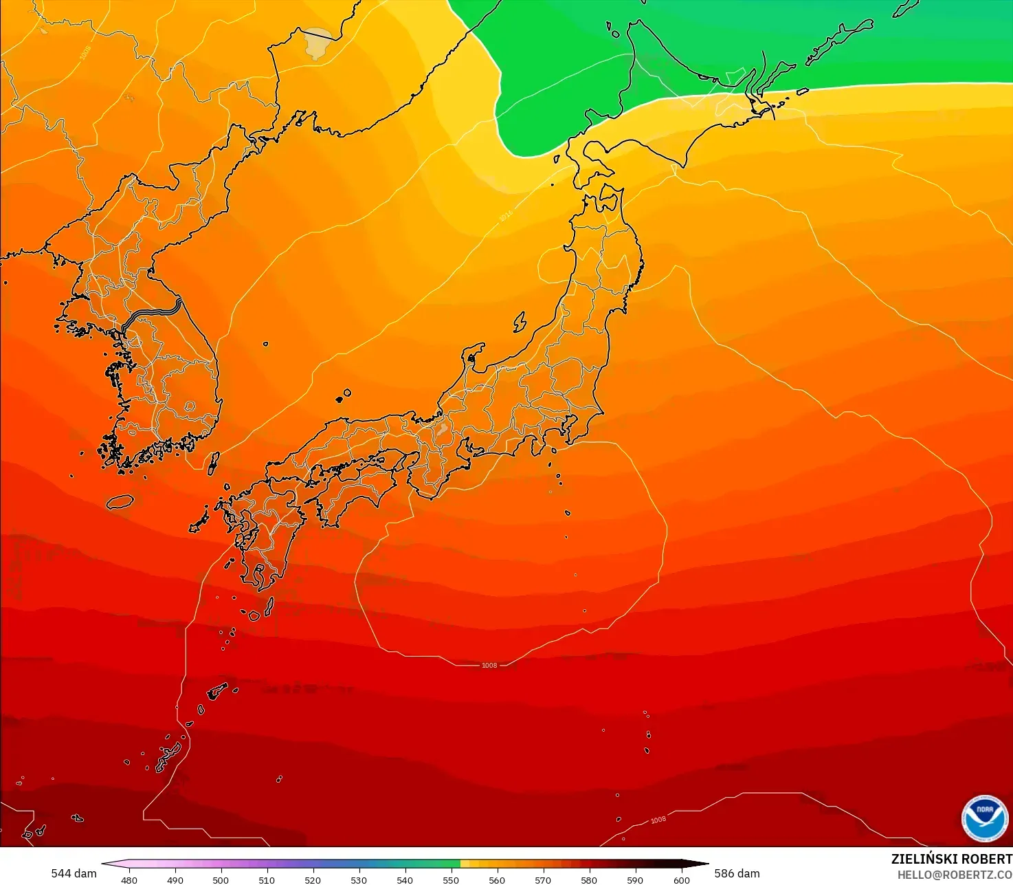 GFS モデル - 日本, 500hPaのジオポテンシャル高度