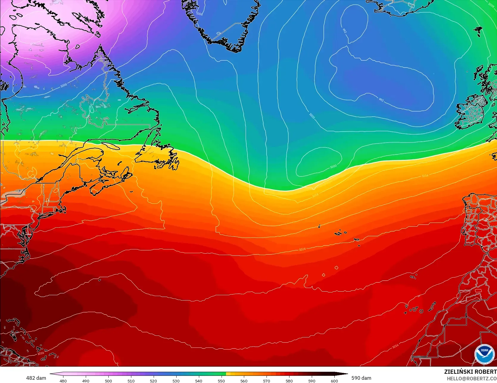 GFS モデル - 北大西洋, 500hPaのジオポテンシャル高度