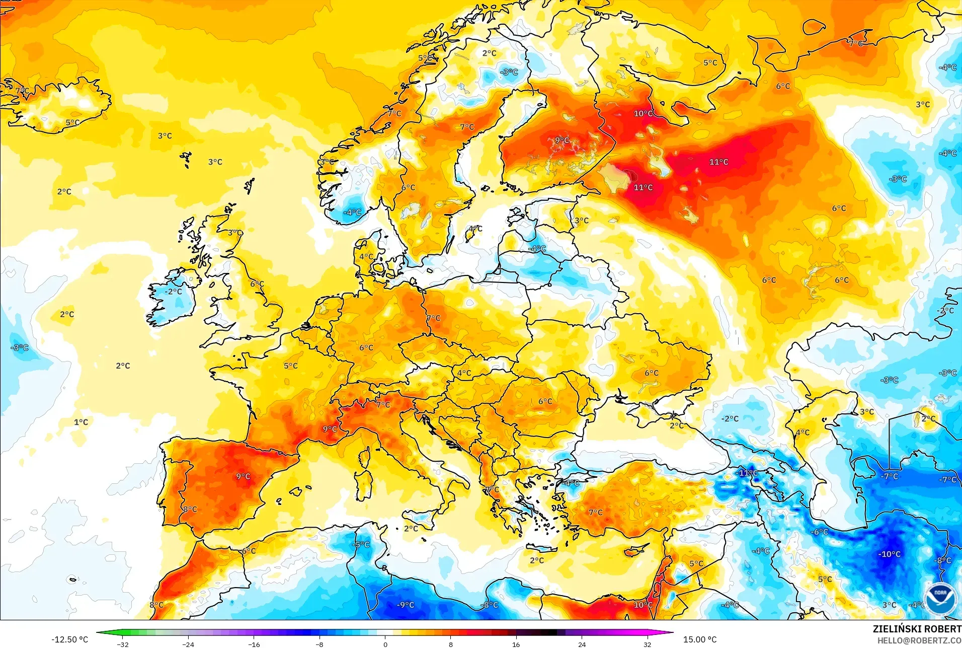 GFS モデル - ヨーロッパ, 気温異常（2m）