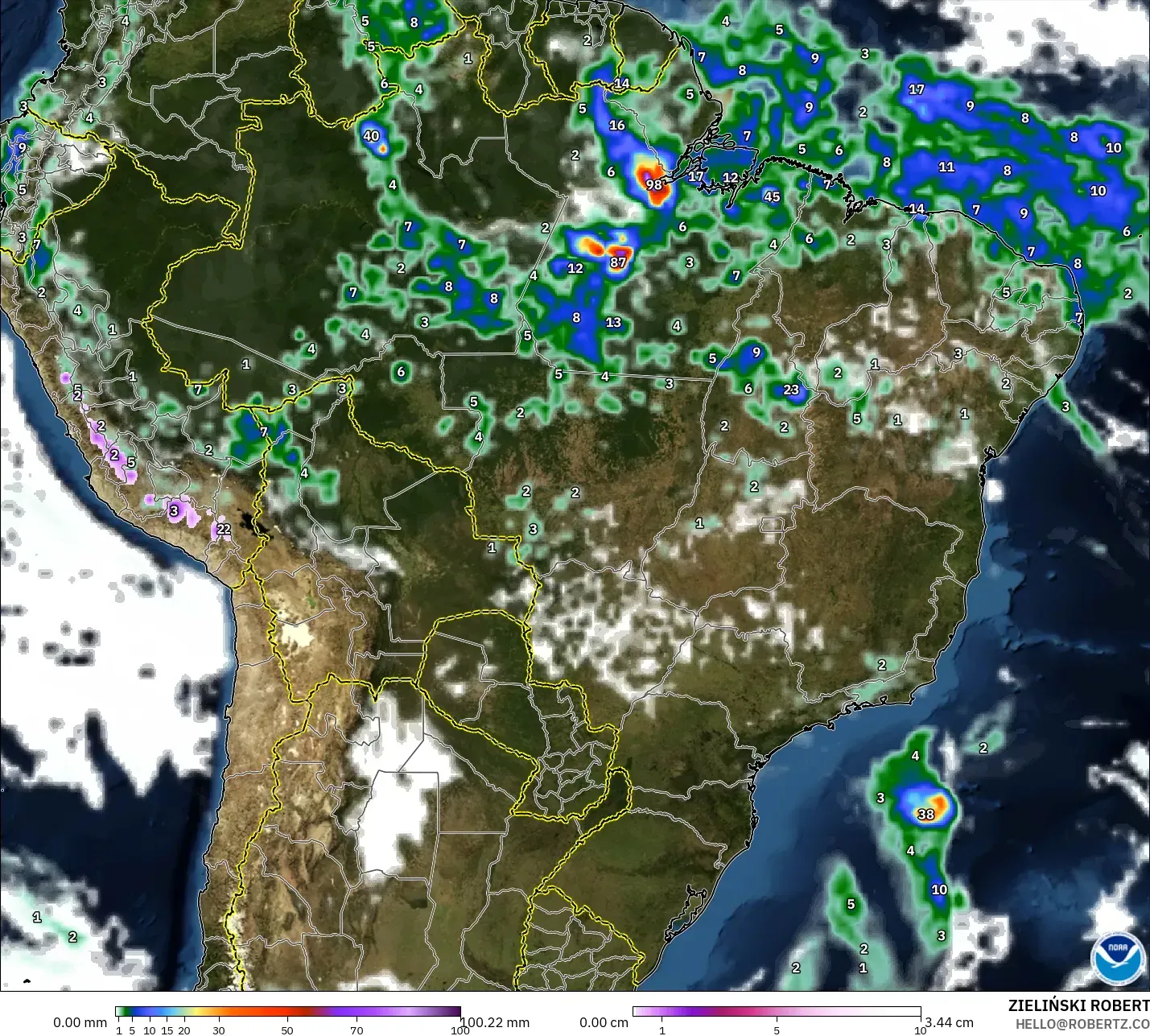 GFS モデル - ブラジル, 降水量、雲、気圧