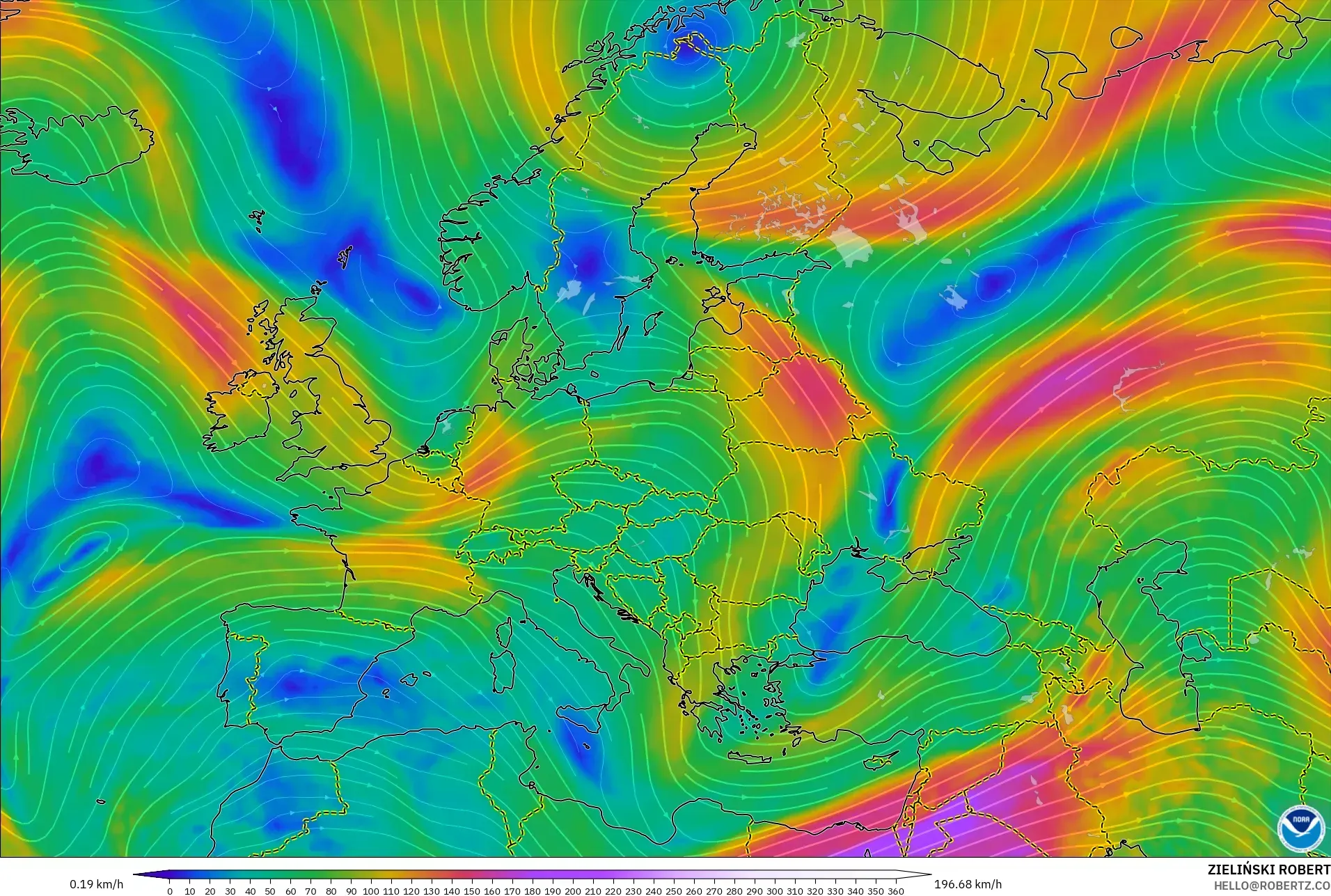 GFS モデル - ヨーロッパ, 風速（300hPa）