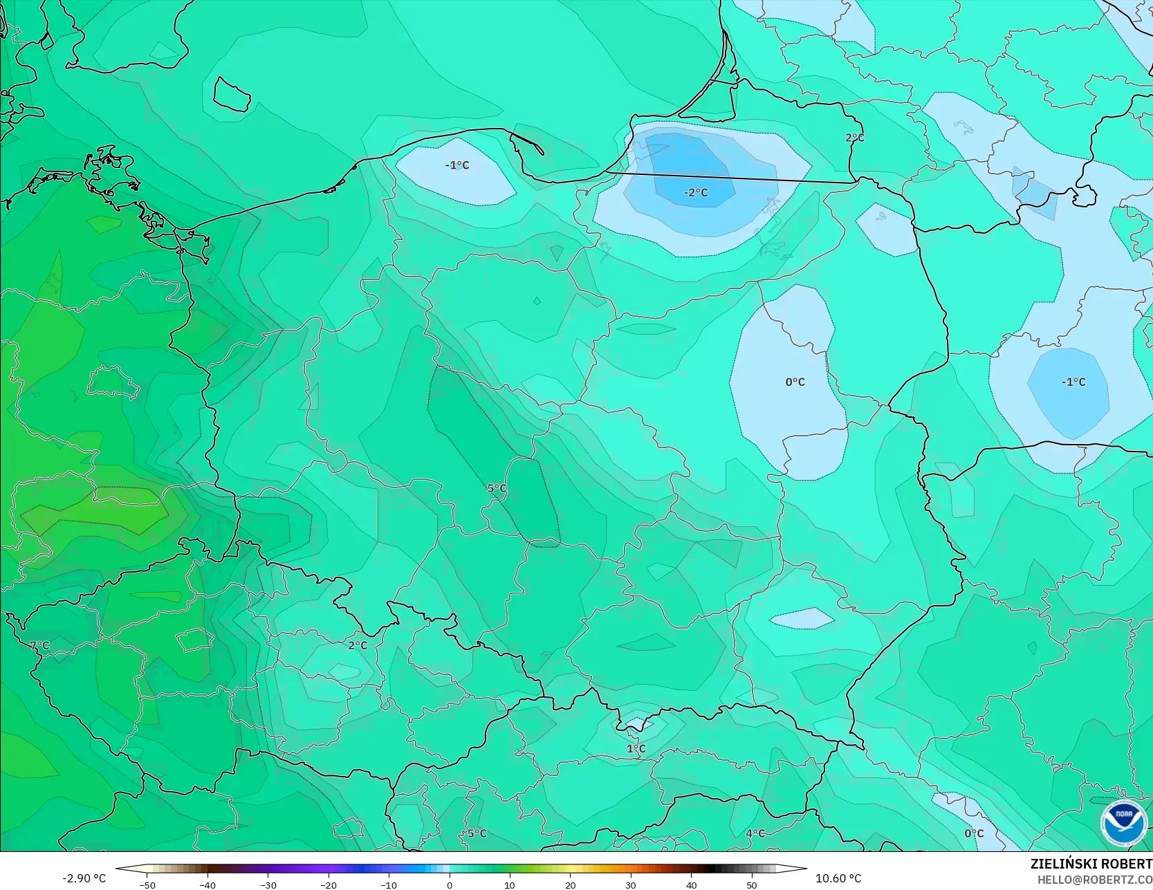 GFS モデル - ポーランド, 露点温度（2m）