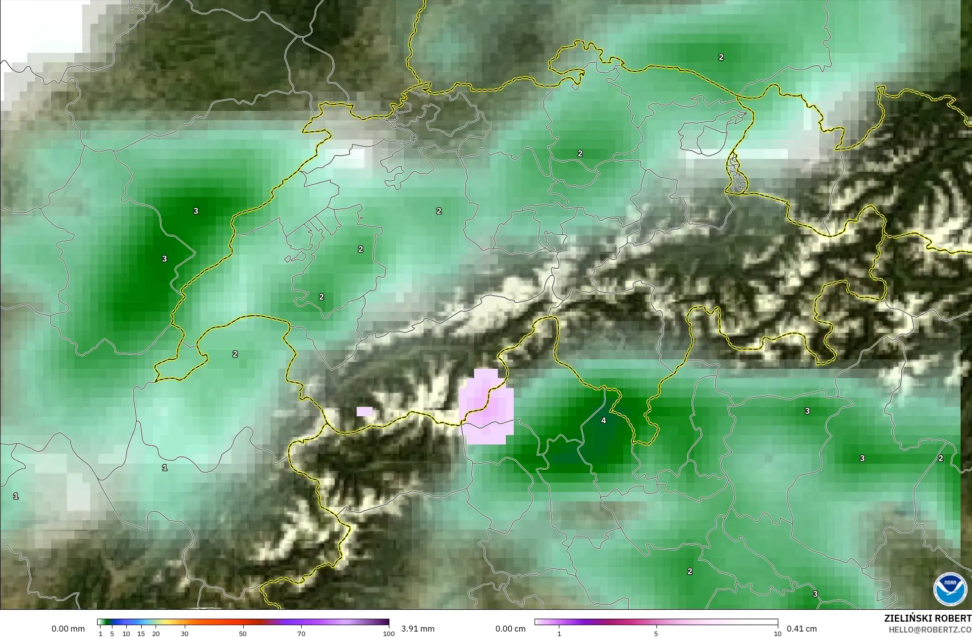 GFS モデル - スイス, 降水量、雲、気圧