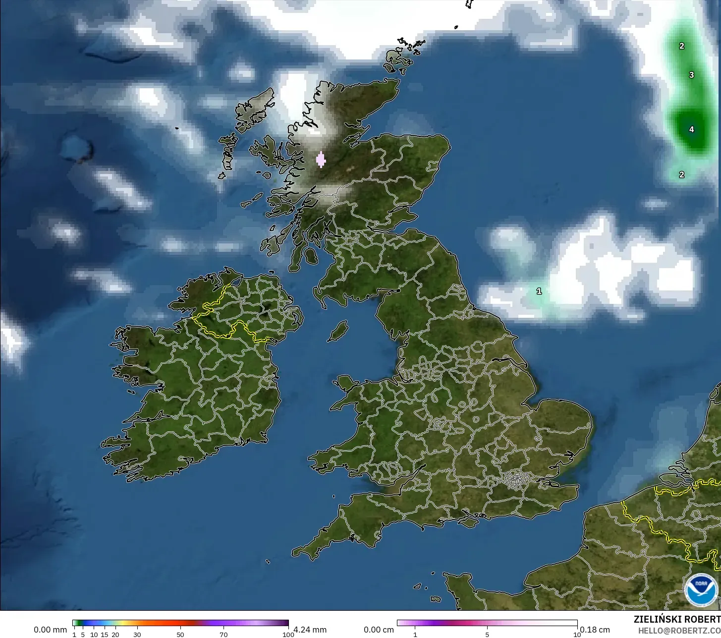 GFS モデル - イギリス, 降水量、雲、気圧