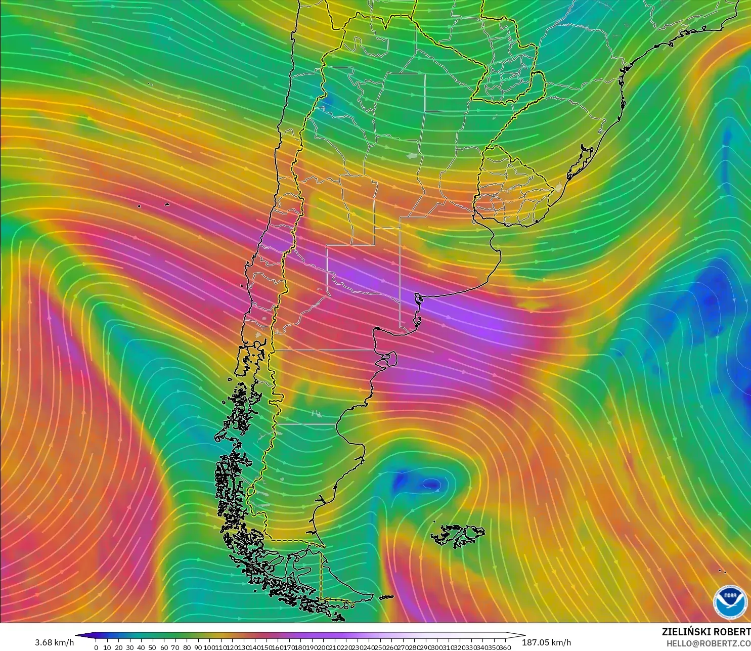 GFS モデル - アルゼンチン, 風速（300hPa）