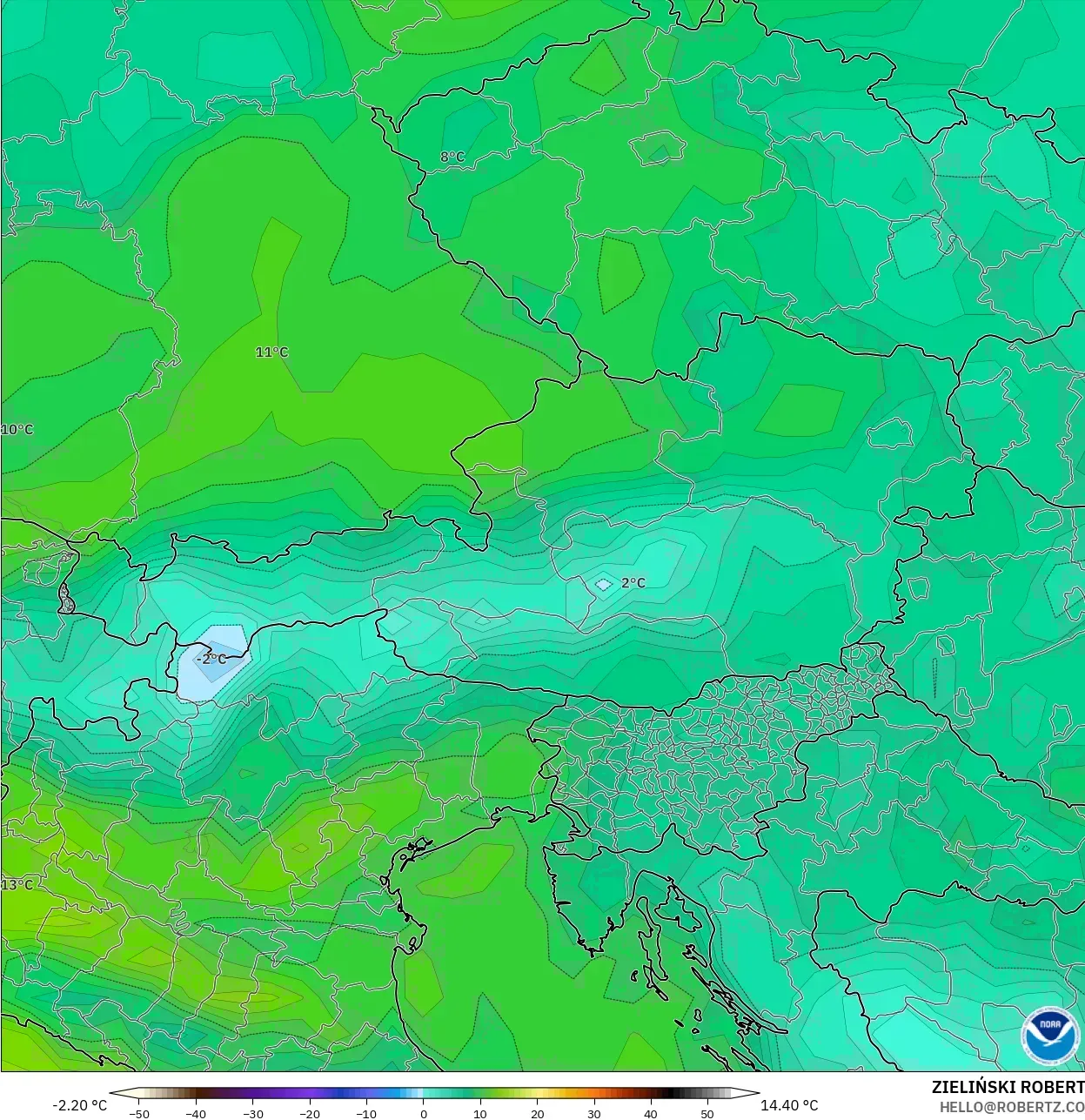 GFS モデル - オーストリア, 露点温度（2m）