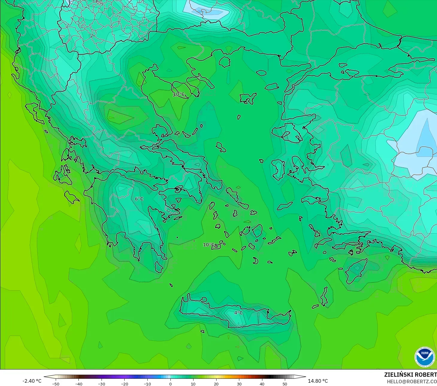 GFS モデル - ギリシャ, 露点温度（2m）