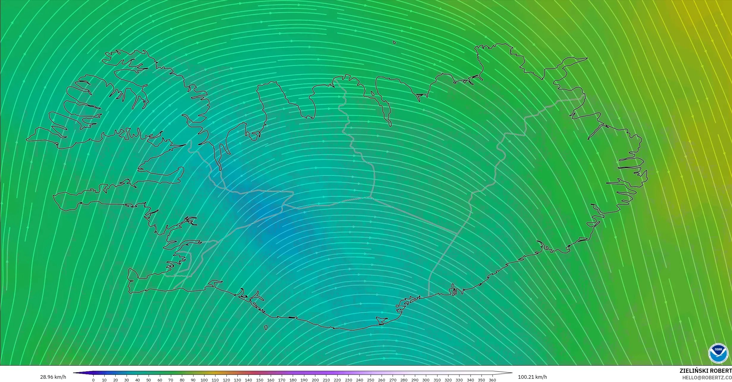 GFS モデル - アイスランド, 風速（300hPa）
